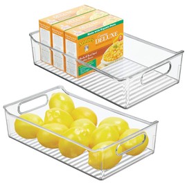 mDesign Small Plastic Kitchen Storage Container Bins with Handles -Organization in Pantry, Cabinet, Refrigerator or Freezer Shelves - Food Organizer for Fruit, Yogurt, Squeeze Pouches - 2 Pack - White