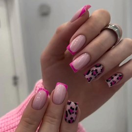 French Tip Press on Nails Medium Fake Nails Glossy Pink Leopard Designs Full Cover Nude Glue on Nails Cute False Nails Stick on Nails for Women Girls Manicure Decorations (Style-6, 24 Pcs)