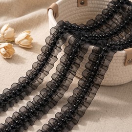 5 Yard Black Organza Lace Trim 1.57 Inch Pearl Beaded Ruffle Pleated Ribbon