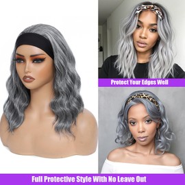 Nayominia Grey Headband Wigs For Black Women Short Wavy Headband Wig 14 Inch Glueless Wig Heat Resistant Fibers Synthetic Hair Natural Look