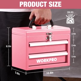 WORKPRO Portable Mini Tool Box, 2 Drawers Metal Tool Chest with Ball Bearing Slides, Top Storage and Lockable Latches, Ergonomic Carrying Handle, Mechanic Toolbox with PVC Liners and PP Feet Pads