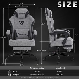 Vonesse Gaming Chair, Computer Chair Fabric with Pocket Spring Cushion, Office Chair with Footrest and Massage Lumbar Support, Reclining Gaming Chairs for Adults 250LBS (Grey)