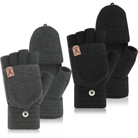 Meng Jiaran 2 Pairs Fingerless Flip Thermal Gloves Winter Knitted Convertible Fingerless Gloves Insulation Warm Convertible Mitten Flap Cover for Women and Men