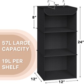 Simple Houseware 3-Shelf Hanging Closet Organizer, Fabric Storage Shelves with 57L Capacity, Black