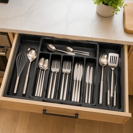 Expandable Silverware Drawer Organizer for Cutlery - Adjustable Plastic Utensil Tray for Kitchen Drawer Storage