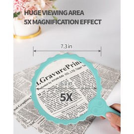 HEMONNKAM 5X Handheld Magnifying Glass, 6.1IN Large Viewing Area Magnifier, Non-Slip Handle and Anti-Glare Lens for Close Work, Book Newspaper Reading and Kids Nature Exploration, Light Blue