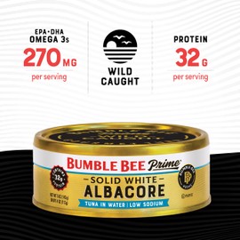 Bumble Bee Prime Low Sodium Solid White Albacore Tuna in Water, 5 oz Cans (Pack of 12) - Premium Wild Caught Tuna - 32g Protein per Serving - Non-GMO Project Verified, Gluten Free, Kosher