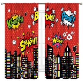 Superhero City Curtains for Boys Kids Teens, Red Spider Web Cityscape Buildings Cartoon Comic Blackout Window Curtains for Baby Room Bedroom Living Nursery 2 Panel Sets, 52"x84" Inch