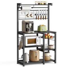 VASAGLE Bakers Rack with Magnetic Knife Holder, Paper Holder, Wire Basket, 8 Hooks, Organizers and Storage, Baker's Rack with Wire Basket, Ebonized Oak Finish and Black UKKS026B42