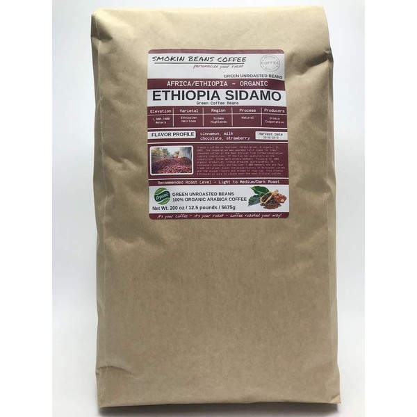 12.5 Pounds – African - Ethiopia Organic Sidamo Natural - Unroasted Arabica Green Coffee Beans – Ethiopian Heirloom – Drying Process Natural on Raised Beds – Oromia Cooperative
