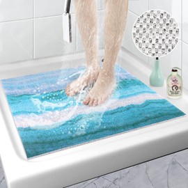 Square Shower Mat Non Slip Anti Mould, 60 x 60 cm Loofah Shower Mats for Inside Shower, Soft Comfort PVC Bath Mat Bathroom Mat with Drain, Washable Bathtub Mat Massage Mat for Shower Stall, Bathroom