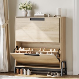 SunnyFurn Shoe Cabinet Storage with 2 Flip Drawers, Hidden Shoe Storage Cabinet for Entryway, Adjustable Shoes Rack for Home Hallway, Living Room, 9.5" D x 31.5" W x 37" H, Wood Color