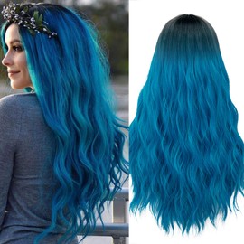 Mildiso Blue Wigs for Women 26" Long Ombre Blue Wig with Wig Cap Curly Wavy Blue Mermaid Wig Natural Cute Soft Wigs for Daily Party M052B