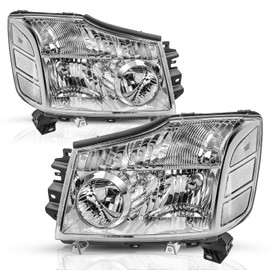 TUSDAR Headlight Assembly Compatible with 2004-2015 Nissan Titan / 2005-2007 Armada Halogen Headlamp Left and Right side (Chrome Housing with Clear Reflector)