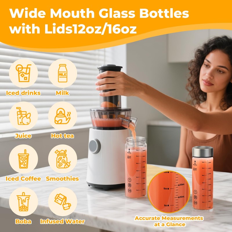 Sursip 16 oz Glass Juice Bottles – 4 Pack Wide