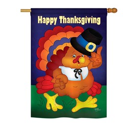 Breeze Decor H113037 Happy Turkey Fall Thanksgiving Decorative Vertical House Flag, 28" x 40", Multi-Color