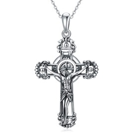 SIMONLY St.Benedict Crucifix Pendant Sterling Silver Jesus Christ Crucifix Large Cross Religious Pendant Necklace Jesus Cross Jewelry