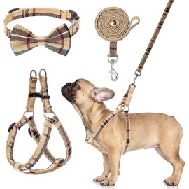 BINGPET Dog Harness Collar Leash Set,Adjustable No Pull Escape Proof Small Dog Harness,Classic Plaid Puppy Harness and Leash Set for Small Medium Large Dogs Training Easy Walk Running(Beige,M)