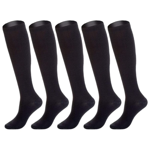 NANOOER Men's Compression Socks, Set of 5, High Socks, Below the Knee, Graduated Compression, Elastic Stockings, Men's, Sports, Fitness, Black, S-XL, Black