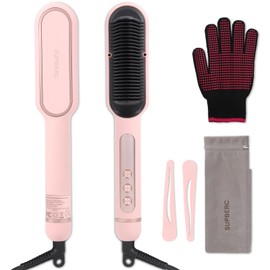 SUPBERC Negative Ionic Hair Straightener Brush with 9 Temp Settings, 30s Fast Heating Hair Straightening Comb with LED Display, Anti-Scald & Auto-Shut Off Hair Brush Straightener for Women (Pink)