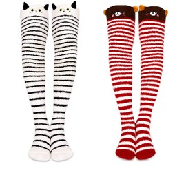 Benefeet Sox Womens Girls Cute Animal Over Knee High Fuzzy Socks Funny Cartoon Thigh High Stockings Warm Stripe Leg Warmers Novelty Slipper Socks