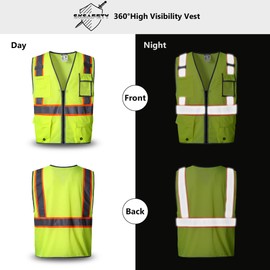 High Visibility Reflective Safety Vest With 10 Multi-Functional Pockets + 2 Mic Straps, Meet ANSI/ISEA 107-2020 Standards, Type R Class 2 Safety Vest(Neon Yellow Orange Strips-Mesh Back,4X-Large)