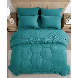 TRP 7 Piece Lightweight Pretty Honeycomb Geometric Stitch Pattern Fall Comforter Set Oversized Queen Size | All Seasons Green Blue Color Aesthetic Bedding Warm Plush Soft Luxury Farmhouse Look