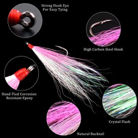 Bucktail Teasers Fishing Hooks Saltwater Flounder Rig Fishing Hooks Bucktail Mylar Teasers Inserted for Catfish Cod Flounder Hi/Lo Rig Three Colors 6/12pcs