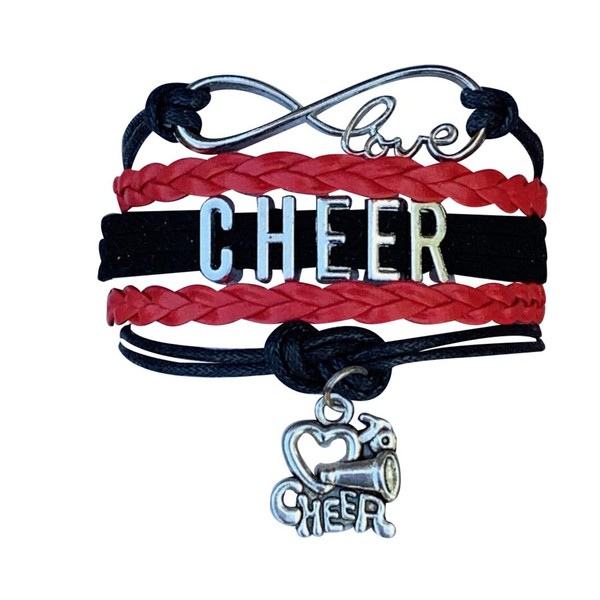 Cheer Bracelet (Red/Black) Cheerleading Charm Bracelet Jewelry, Adjustable Bracelets. Cheerleader Accessories, Infinity Bracelet & Cheerleading Gifts for Girls - by SPORTYBELLA
