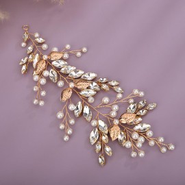 Teyglen Crystal Bride Wedding Hair Vine Headband Gold Leaf Rhinestone Headpiece Wedding Hair Accessories Bridal Crystal Pearl Headband Hair Piece for Women Girls (Gold)