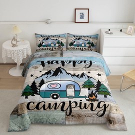 Erosebridal Kids Camping Comforter Set Queen Size Happy Camping Bedding for Boys Girls Western Rustic Farmhouse Style Duvet Insert Vintage Old Barn Door Print Quilt Camper Decor Down Comforter 3 Pcs