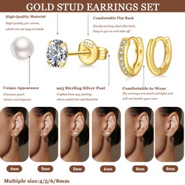 PABBEU 6 Pairs Gold Studs Earrings for Women, Small 14K Gold Stud and Hoop Earrings Set for Multiple Piercing, Hypoallergenic Sleeper Stud Earrings Gift for Women
