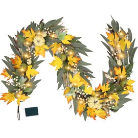 6 Ft Fall Garland for Mantle Fall Decorations for Home Porch Fall Maple Leaves Garlands with Lights/Timer Pumpkin Garland for Thanksgiving Outdoor Indoor Table Fireplace Wedding Hanging Autumn Decor