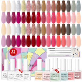 SAVILAND 42PCS Gel Nail Polish Set: 32 Colors Soak-off U V Gel Polish Kit with Base & Glossy Matte Top Coat Red Glitter Gel Polish Set Manicure Kit with Nail Brush for DIY Nail Girl Salon