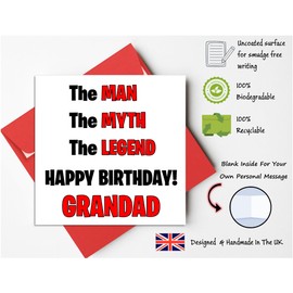 Printperfect Grandad Birthday Card, Happy Birthday Grandad "The Man, The Myth, The Legend. Grandad" Red Quote Funny Card (Red Envelope)