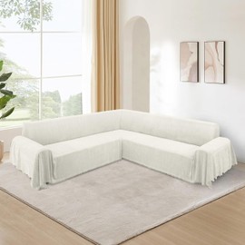 ALIECOM Corner Sectional Couch Covers L Shape Sofa Cover with Tassel Chenille Soft Thick U Shaped Sectional Slipcovers Washable Furniture Protector for Pets Dogs Cats (Light Cream, 91x251 Inch)