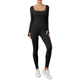 LYSINK Women Yoga Jumpsuit Long Sleeves Solid Color Square Neck Ribbed Knit Workout Outfit Spring Autumn Skinny Romper Bodysuit (Ba Black, M)
