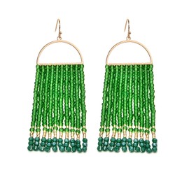 Veerady Women Boho Long Tassel Earrings Dangle Beaded Earrings Fashion Accessories (Green Beads Tassel-0B)