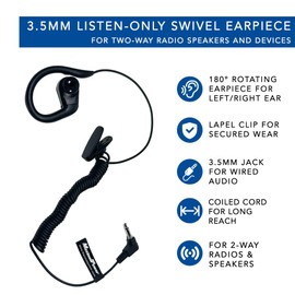MaximalPower Listen Only 3.5mm Ear Hook and 180° Rotating Earpiece for Shoulder Speaker Microphones, Wired Over-Ear Headphones with Over Ear-Hook Earclip Running Earphones, Black, Receiving Only (1)