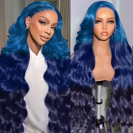 haha Ombre Blue Lace Front Wig Human Hair 3 Tones Light Blue to Dark Blue Wig Human Hair Navy Blue Body Wave 13x4 HD Transparent Lace Frontal Wig Pre Plucked 180% Density 22 Inch