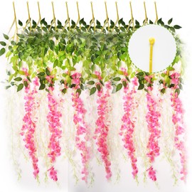 Pink and White Wisteria Hanging Flowers, 12 Pack 3.6 Ft Fake Wisteria Flowers Garland with Ring Hanging, Artificial Wisteria Flower Vine String for Wedding Party Backdrop Home Wall Decorations