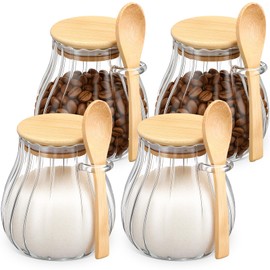 Willinglong 4 Pack Sugar Container with Bamboo Lid and Spoon 15 oz Glass Bowl Jar with Airtight Lid for Brown Sugar Keeper Storage Container for Coffee Bar Office Kitchen Accessories(Clear)