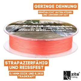 Zite Fishing 8 x Braided Fishing Line - Braided Line 8-Braid Bass Zander Pike Fishing - Round Braided 155m Orange (Zander, 0.14mm - Load Capacity 8.3kg)