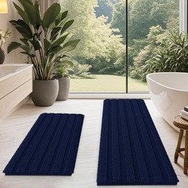 ACCUMTEK Striped Navy Blue Bathroom Rug Mat Set 2 Piece 24"x17"+48"x20" Ultra Soft, Non Slip Chenille Bath Rugs, Absorbent Plush Shaggy Bath Mats for Bathroom, Bedroom, Kitchen, Shower, Tub