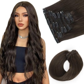 Sassina Clip in Remy Human Hair Extensions Dark Brown Straight Human Hair Clip ins Extensions 18 Inch Invisible Double Weft Human Hair Extensions 8 Pcs 120 Grams #2