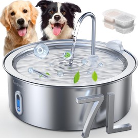 FEELNEEDY 7L/1.8Gal Stainless Steel Dog Water Fountain, for Large Dogs, Cats, Multi-Pets, Ultra Quiet with 5-Layers Filtration, Pet Dog Water Bowl Dispenser, 236 fl oz with 2 Filters (FN-W14)