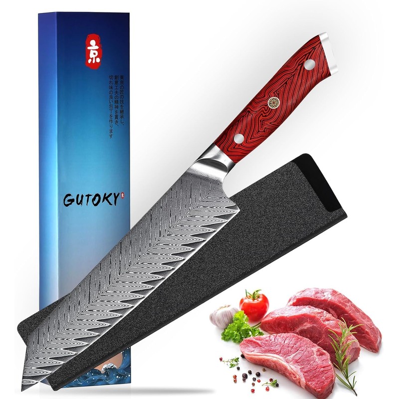 8 Inch Damascus Chef Knife, Feather Pattern Blade, Full Tang