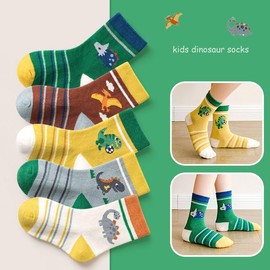 FedMois Pack of 10 Children's Cotton Socks for Boys and Girls, lion and dinosaur