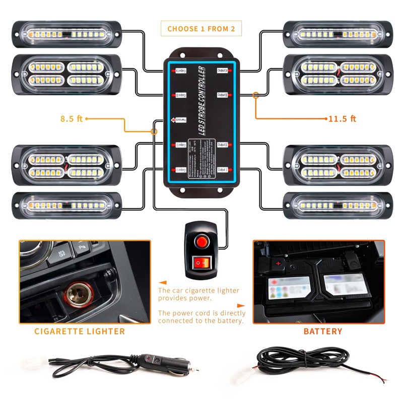 BooYu 8-pcs Amber Surface Mount LED Emergency Strobe Lights for