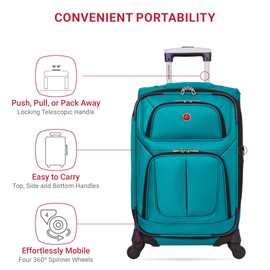 SwissGear Sion Softside Expandable Luggage – Carry-On Suitcase with 360 Degree Wheels & Retractable Handle – 21 Inch, Perfect for 1-3 Night Trips – Teal